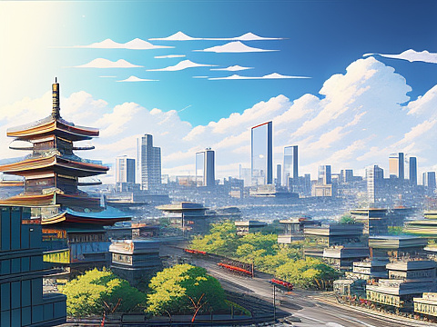 Cityscape of a futuristic utopian megalopolis. clean, stark, graphic lines. the city is composed of 10 districts, each representing a different sector of activity: arts, construction, agriculture, science, commerce, sports, ... in anime style