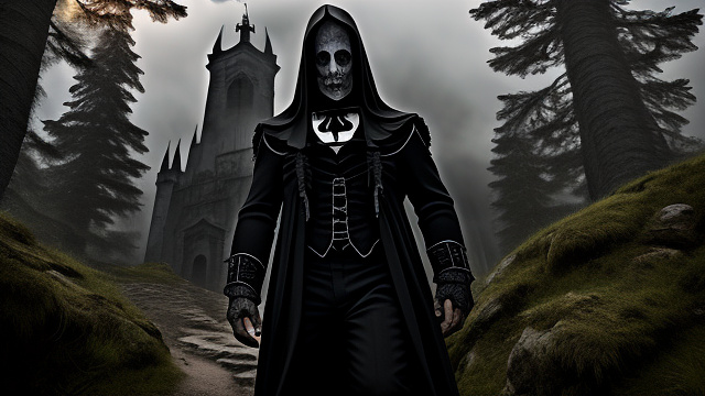 Una persona estoica masculina parada al amanecer en la cima de una montaña, con los brazos en alto, simbolizando un nuevo comienzo y nuevos hábitos. in gothic style