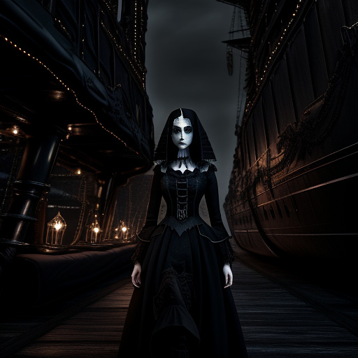 Tall girl in ship in the night in gothic style