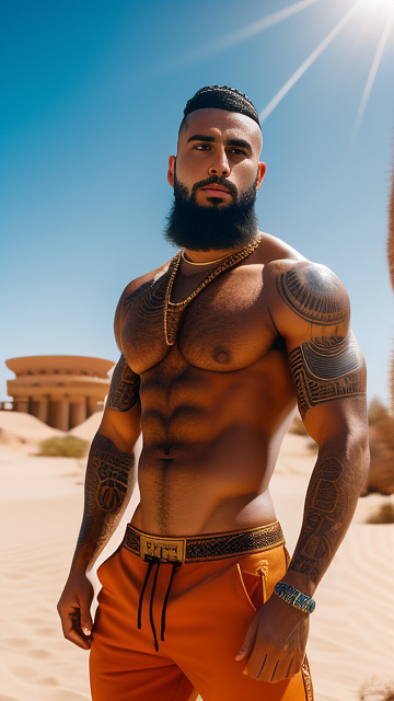  alam wernik muslim arab full beard hairy chest masculine alphamale tattooed wearing sweatpants pumped ripped swollen muscles gold chains buzzcut high and tight shaved sides posing desert in egypt style