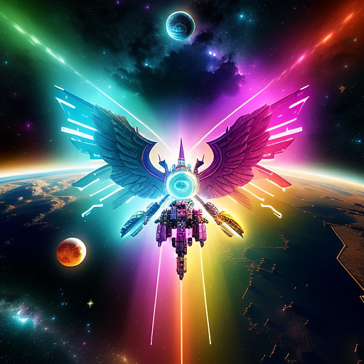 A cheerful transformer flies through space against the backdrop of planets. in angelcore style