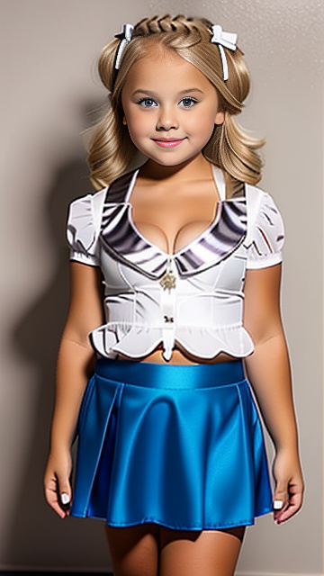 Chubby white blond 6 year old girl showing lots of cleavage, mini skirt, how short can you make the skirt  in custom style