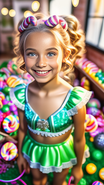 Realistic, highly detailed, short petite 12-year-old , wearing sexy lingerie, blonde hair up, pale skin, makeup on face, smiling , full body portrait, front view in kids painted style