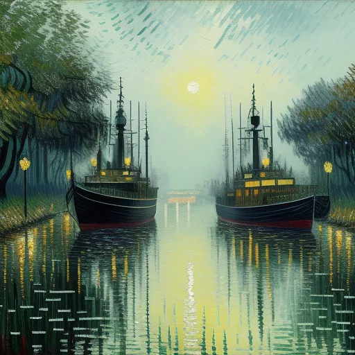 A luxury ship sailing in dirty toxic swamp in day light  in neo impressionism style