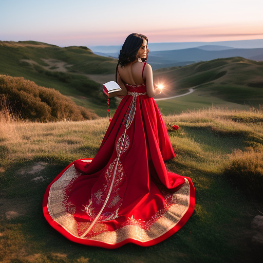 A woman in a love themed red dress with loads of intricate gold love embroidery, carrying a tome, on a hill top, two astrological sign light up brightly in the skies with the connective lines
 in custom style