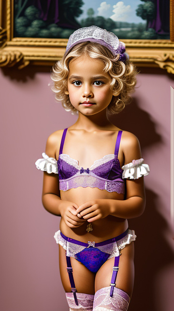 6 year old, purple lingerie, garter belt, blonde  in rococo style