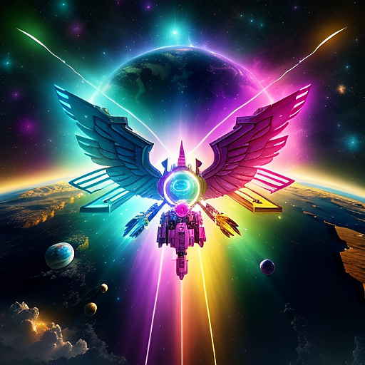 A cheerful transformer flies through space against the backdrop of planets. in angelcore style