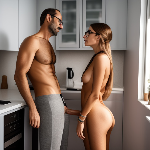 Ultra realistically a 40 year old man a 22 year old german girl with a brown braid with glasses and brown eyes 1.70 tall thin in sexy underwear have sex in the kitchen his penis penetrates deep her vagina in custom style