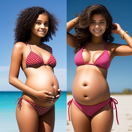 Pregnants of 13-year-old girl pregnancy of 40 weeks wearing a bikini looking forward in custom style
