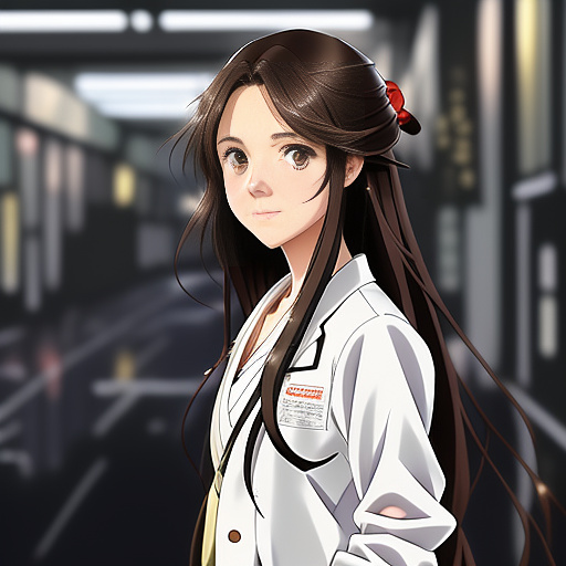 Attractive girl. 20 years old. petite features. long hair. dark brown hair. messy hair. white lab coat. in anime style