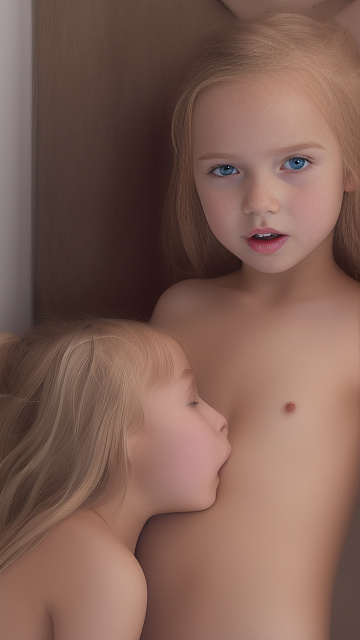 A 9-year-old naked girl is sucking another girl's breast. in custom style