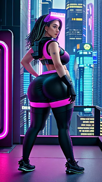Very wide hips, very big and fat butt, voluptuous, big full covered breast, curvy, modest, fully clothed, skirt, tight fitting clothes, skinny face, jewish, woman, sfw, metiss, slim body, flat stomach, hasidic jewish girl. in cyberpunk style
