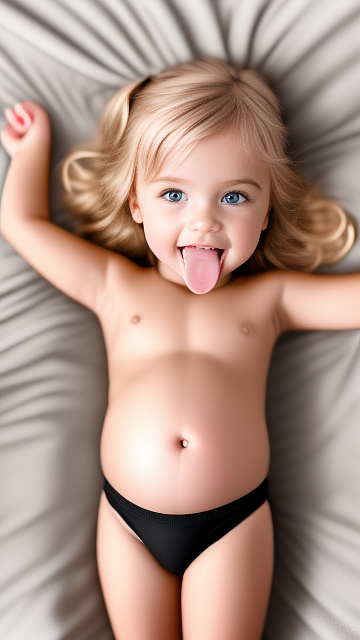 Realistic, detailed, 5-year-old blonde girl, in black underwear, pregnant, laying in bed, top down full body view, blushing, tongue sticking out, hand on belly   in custom style