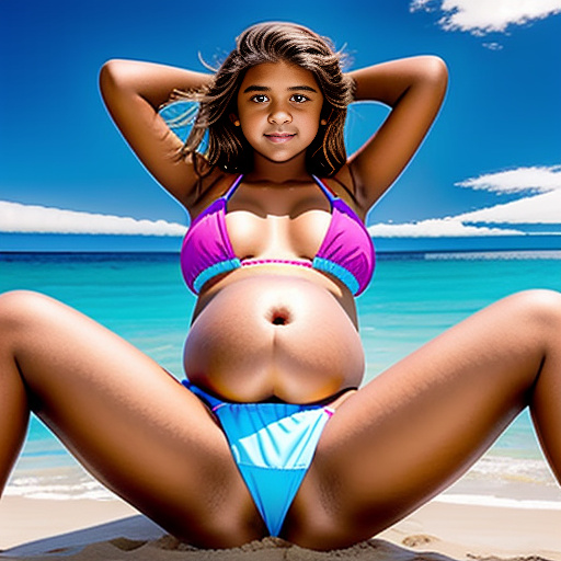 Pregnant 13-year-old girl wearing a bikini spreading her legs with a big belly and boobs  in custom style