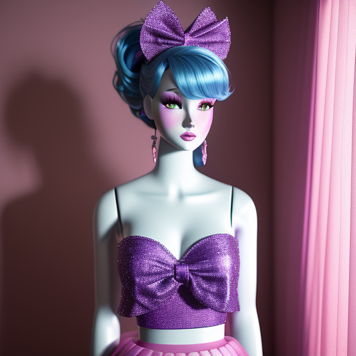 A mannequin with a pink dress with blue rhinestones on the top front, and a purple waist ribbon, and the skirt if pink and fluffy on in disney 3d style