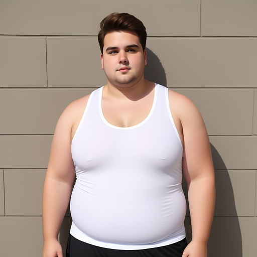 Obese brown haired white young man with face and full body visible, wearing a tanktop too tight for him. in custom style