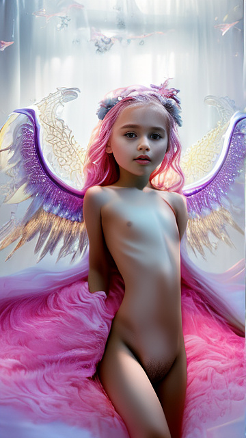 A 7-year-old girl lies naked on a bed and masturbates. in angelcore style