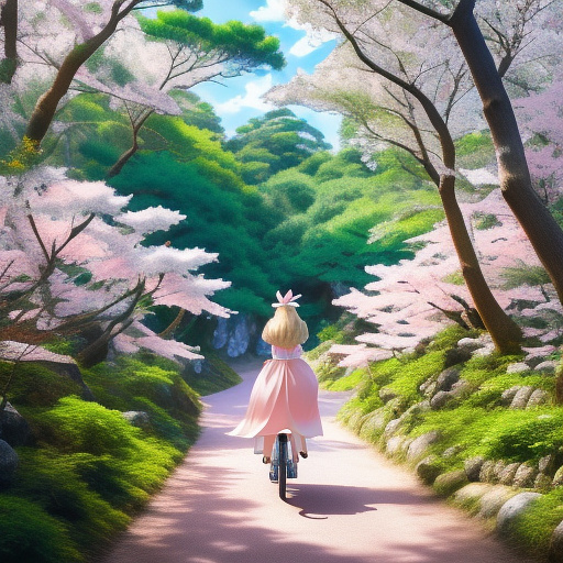 Blue-eyed girl in a pink dress riding a white deer in front of a forest in spring in anime style