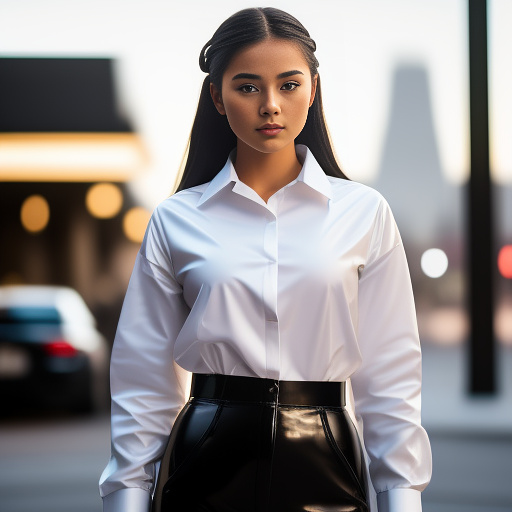 Young lady wearing white button up shirt made from latex and baggy black latex trousers in realistic style