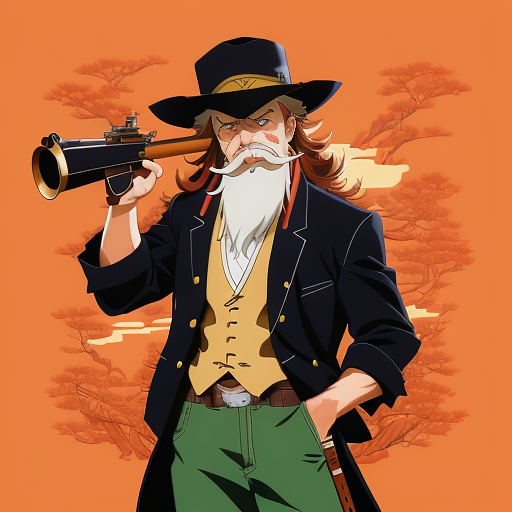 Gunslinger in the style of yosemite sam but slinging maple sap buckets instead of pistols in anime style