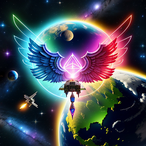 A cheerful transformer flies through space against the backdrop of planets. in angelcore style