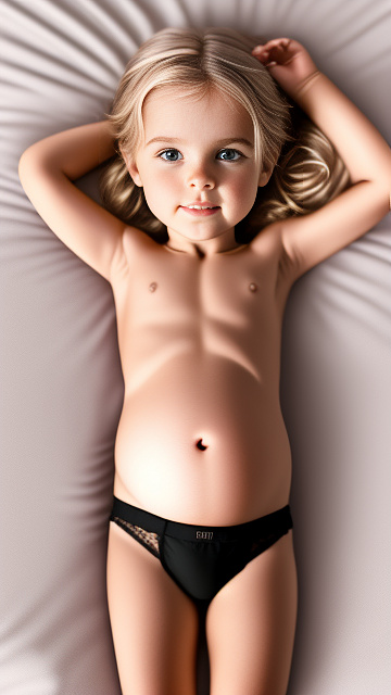 Realistic, detailed, 5-year-old blonde girl, in black underwear, pregnant, laying in bed, top down full body view, blushing, thin glue on body in custom style