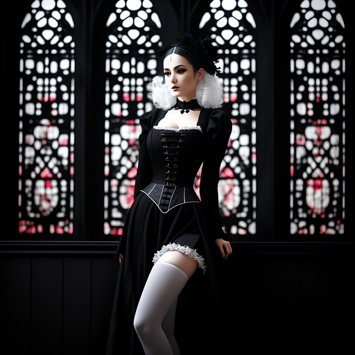 A kitsune mistress wearing a knee long dress made of white fabric with flower pattern. her waist is cinched by s corset. she's wearing dark tights and high heels. her hair is rusty and flowing down to the small of her back. in gothic style