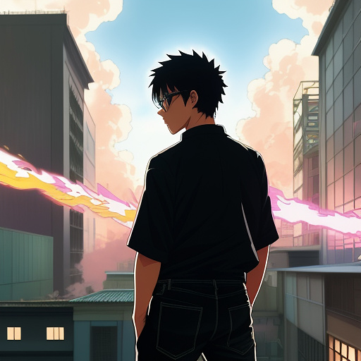 A white-colored man with no facial hair. he is wearing short black hair big and strong with a big back black glasses with no lenses a blue shirt jeans and a white gold air jordan. he has a long black dark sword with roaring blue flames coming off of it connected to a oxygen tank that gives it its blue flames. background buildings are falling inflamed with demons on them throwing people out of buildings as he looks at the camera and multiple color flames green, pink, blue, red, and yellow, my hero academia art style, outline, white outline in anime style