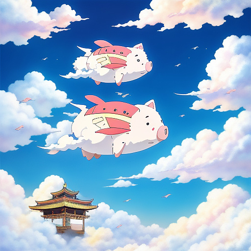 Flying pigs in the sky in anime style