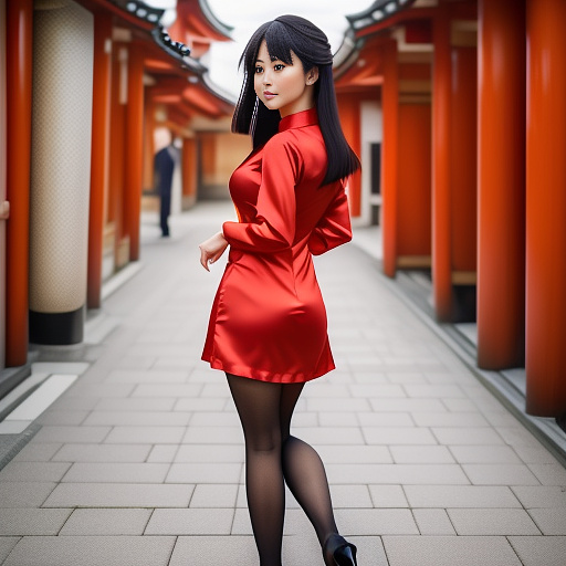 Mature asian woman wearing red minidress and sheer tights and high heels in anime style