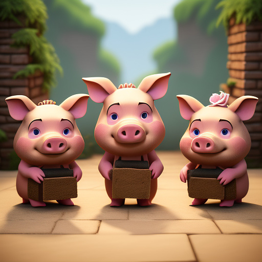 Three little pigs standing upright like humans. one pig is holding straw, the second pig is holding sticks, and the third pig is holding a brick. in disney 3d style