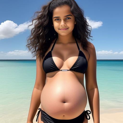 Pregnant 13-year-old girl wearing a bikini showing a black line in the middle of her stomach in custom style