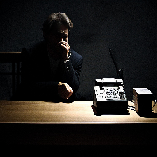 In a dark room, there is a telephone and a gun on the table. a man is sitting on a chair, and he is dead. in custom style