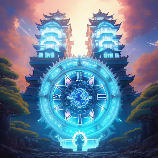 A giant muscled creature with a light blue body and its head is a clock and it has a light blue semi-transparent spiky ring around its clock head and it's called divine general chrono in anime style