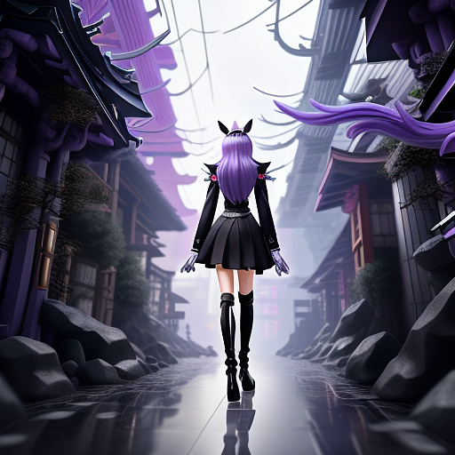 Female, tall, thin, long light purple hair, long hair, fluffy light purple cat ears, sleek purple dress shirt, tall black boots, black gloves, black pants, hand on hip, blue eyes, soft smirk, walking through crystal cave, pillars, fantasy city in anime style