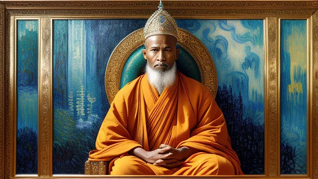 A monk sits in his thrones, he wears a very long dressed and  a crown of torns on his head in neo impressionism style