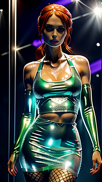 Sweaty slimy greasy soaked wet karen gillan wearing short tight clear see through strappy latex halter dress, ripped fishnet stockings, praying pose,  in disney painted style