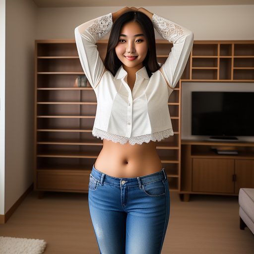 Sexy asian college student with her arms up and large boobs and in a cropped long sleeve loose lace shirt and jeans pants and showing her whole belly and standing in the living room and full body picture in custom style