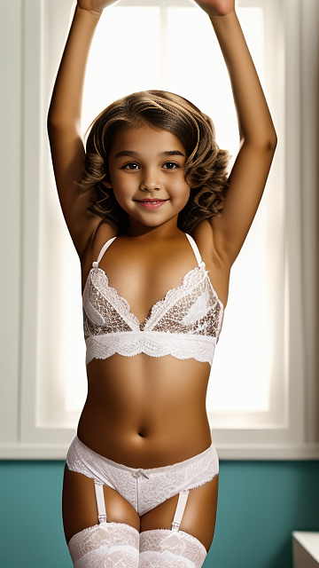 9 year-old with huge breasts, cute, revealing lace bra, caucasian, lace stockings, arms raised in custom style