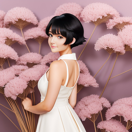 A woman with short black hair wearing brown elegant dress holding a pink and white lily bouquet facing at the back. with simple nature background  in anime style