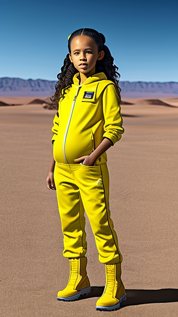 Realistic, detailed, 7-years-old, jenna ortega, pregnant, yellow boots, yellow jumpsuit, desert, full body, in custom style