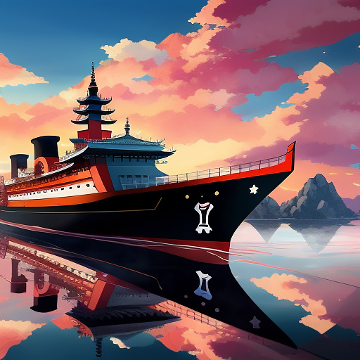 A crystal ship with red flags in ocean in animes tyle
 in anime style