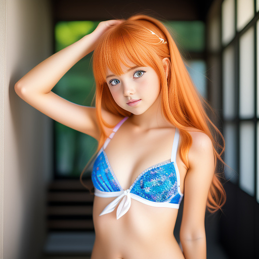 Little girl in camera, whit shorts and swim bra, curbing her body.
orange hair and her hands up fot tie the hair.
full body picture
 in anime style