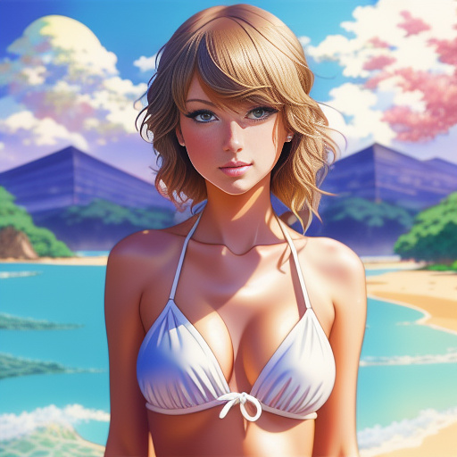 Taylor swift with a travis kelsey wearing a bikini 
 in anime style