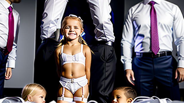 White, blonde, smiling, girl 7 years old on her knees facing men, brassiere, underwear,  garter belt,  next to 35yr-business-man, show both people fully in picture, in custom style