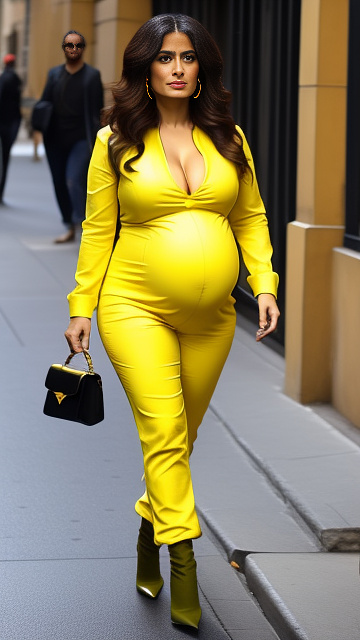 Pregnant, salma hayek, yellow jumpsuit, yellow boots,  in custom style