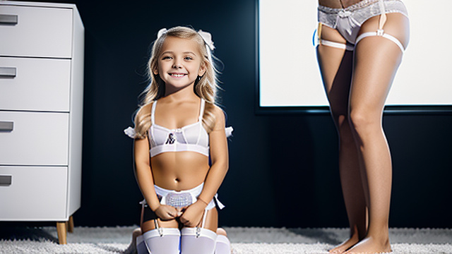 White, blonde, smiling, girl 5 years old on her knees, brassiere, slutty underwear,  garter belt,  next to 30yr business-man, show both people in picture, in custom style