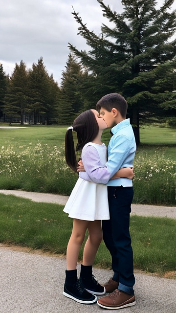 A romantic moment between childhood couple in canada. the 11-year-old boy is kissing his sexy grade-5 girlfriend, wearing their modern canadian clothes. in custom style