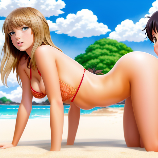 Taylor swift and emma watson in bikinis on all fours kissing each other  in anime style