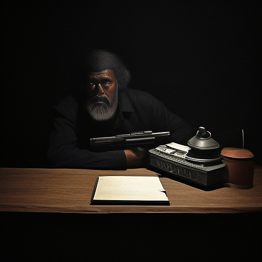 In a dark room, there is a telephone and a gun on the table. a man is sitting on a chair, and he is dead. in custom style